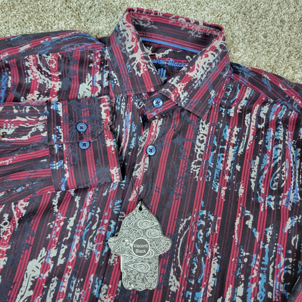 NWT Visconti Black Mens Small Multicolor Abstract Striped Button Down LS